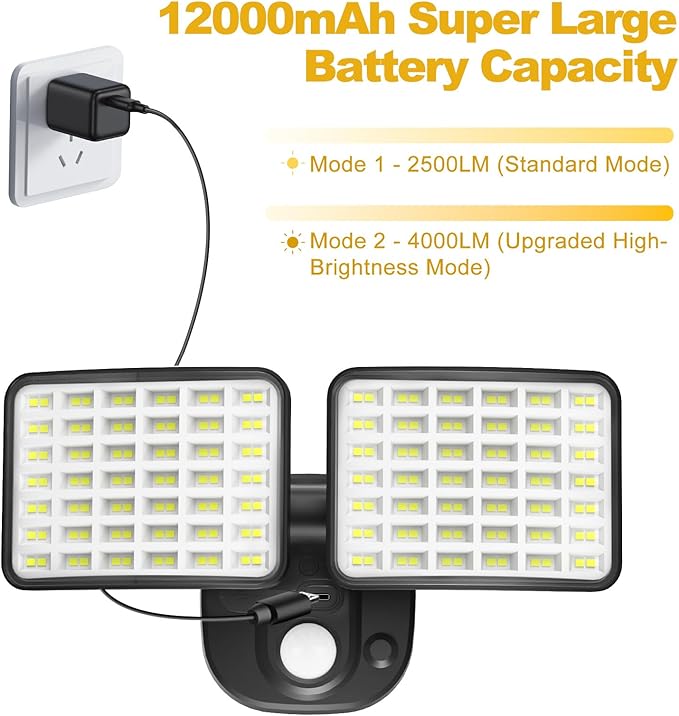 Rechargeable Battery Operated Light, 2500&4000LM Motion Sensor Security Light(1-3 Months Endurance), USB Charging LED Flood Outdoor for Garage/Yard/Entryways/Patio/Garden (2 Pack)