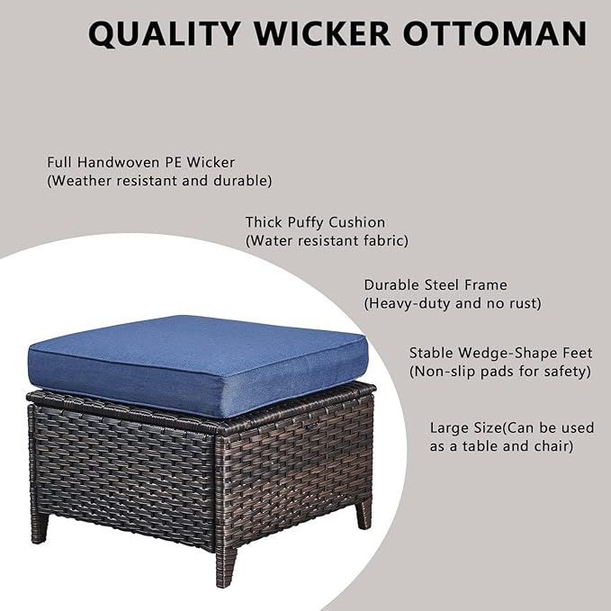 Outdoor Wicker Patio Furniture Set - 5 Pieces Rattan Patio Conversation Set with 2 Rocking Swivel Chairs,2 Ottomans and 1 Side Table for Porch Deck Backyard Garden(Brown/Blue)