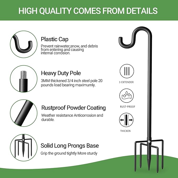 76" Shepherds Hooks for Outdoor, Extra Thick Bird Feeder Pole with 5 Prong Base, Adjustable Shepards Hook for Garden, Weddings, Hanging Plant