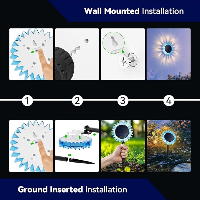 Hogni Solar Pathway Lights - 2 Pack LED Sunflower Garden Light, Waterproof Outdoor Decor for Wall, Lawn, Yard, Walkway, Patio, Landscape
