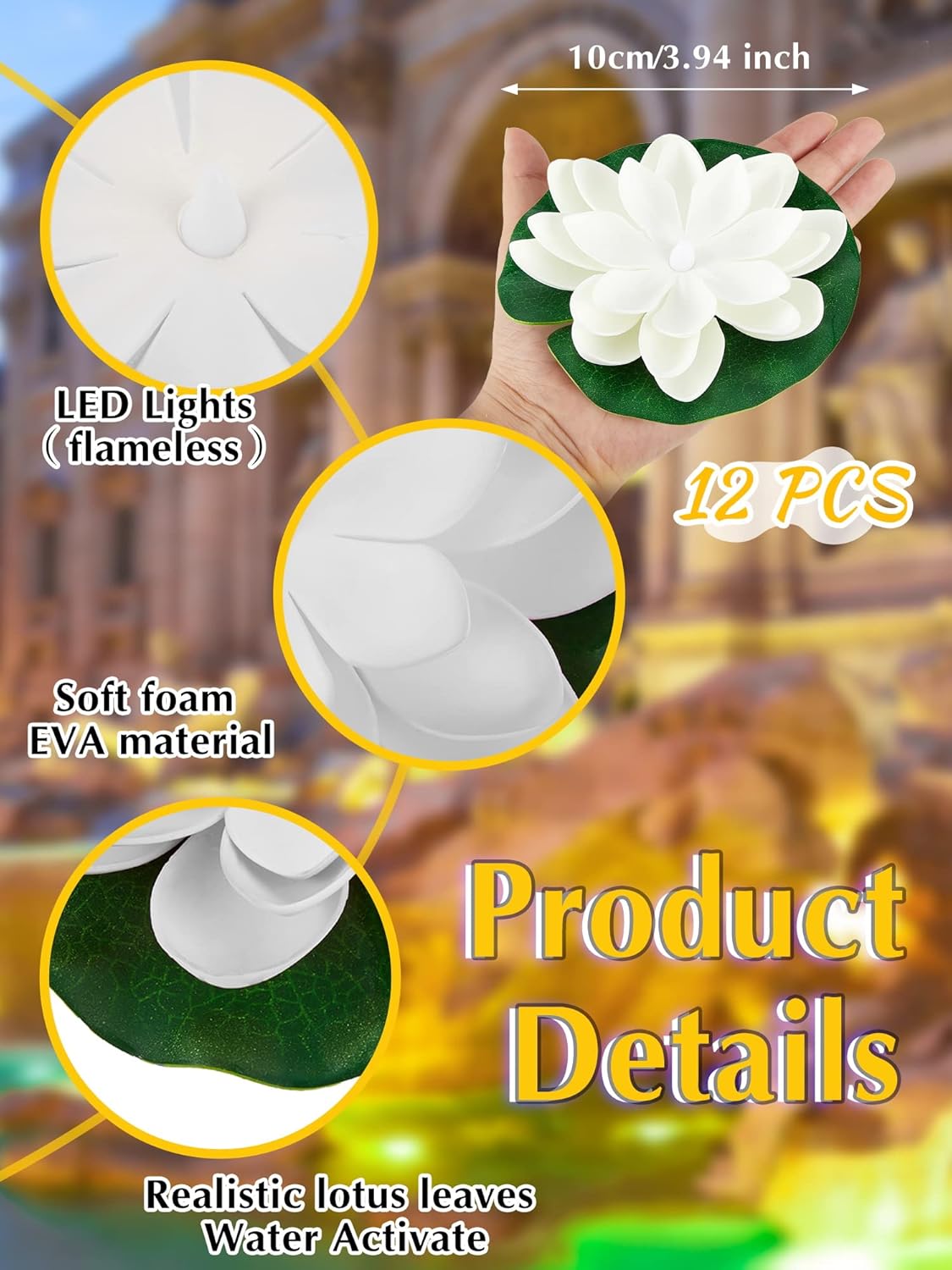 Hortsun 12 Pcs Floating Lotus Lights with Batteries Lily Pads Pool Flowers Diwali Pooja Decorations Floating Candles Decor for Pool Pond Outdoor Indoor(3.94 Inch,White)