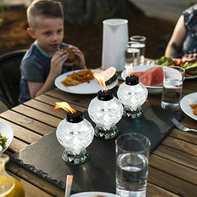4 Pack Glass Table Torches, Citronella Table Top Torches with Wick and Cap for Outdoor, Refillable Landscape Lanterns for Yard, Patio, Christmas, Garden, Party Decor