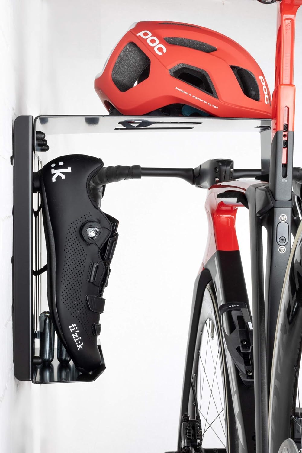 Wall Bike Rack | Bike Storage Wall Mount System | for Race Bicycles (Happy Black) and Mountain Bikes | Bike Shelf | Indoor Bike Wall Bracket | Store Your Helmet and Shoes | Home and Garage