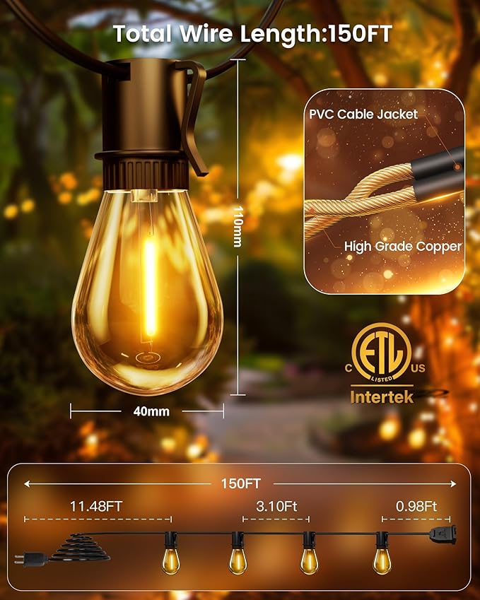 150FT Outdoor String Lights LED, 45+3 S14 Bulbs Shatterproof, IP54 Waterproof Dimmable for Large Outdoor Events, Resorts, Hotel Lighting - Commercial Grade Connectable