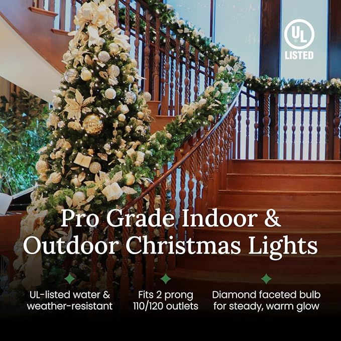Pro Christmas M5 LED Holiday Lights - 100 Bulbs, 33.3ft - Professional Grade Indoor Outdoor Diamond Cut Sparkle Light Strings for Home Decorations and Christmas Trees - Red