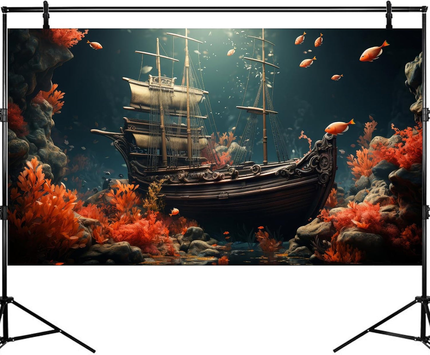 Pirate Shipwreck Aquarium Background Under The Sea Coral Reefs Fish Tank Background Underwater Sunken Ship Landscape Terrarium Background Tropical Sea Marine Life Aquarium Tank Background 36x24in