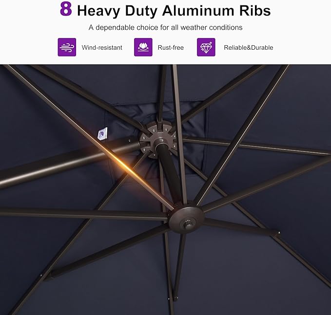PURPLE LEAF 10 Feet Patio Cantilever Umbrella Square Outdoor Umbrella with 360° Rotation and Aluminum Offset Hanging for Garden Backyard Pool, Navy Blue