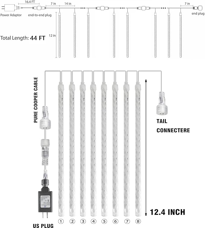 Dazzle Bright 864 LED Christmas Light, Meteor Shower Rain Lights 11.8 Inch 24 Tubes, Waterproof Plug in Falling Rain Lights Christmas Decorations for Xmas Bushes Tree Yard Party (White)