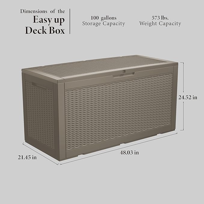 100 Gallon Lockable Resin Deck Box, Waterproof & UV-Resistant Outdoor Storage Box for Outdoor Cushion Storage, Garden Tools & Pool Accessories Storage, Gray