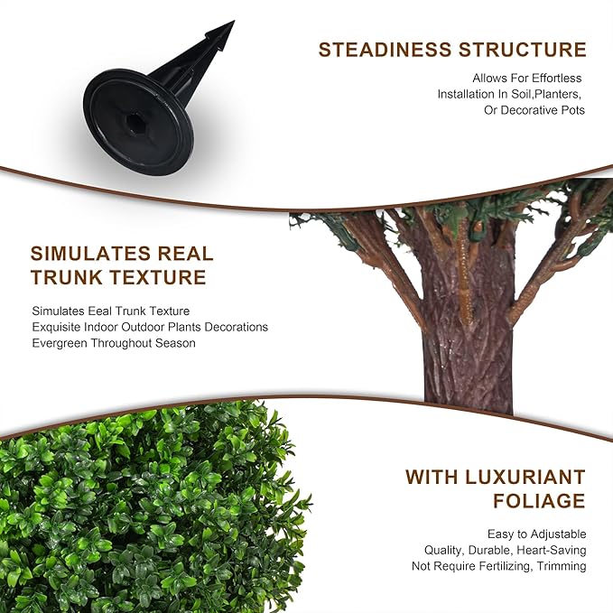 22" Artificial Boxwood Topiary Ball Trees with Ground Spike Set of 2 - UV Resistant Faux Green Shrubs & Bushes Potted Plants for Outdoor Indoor Front Porch Garden