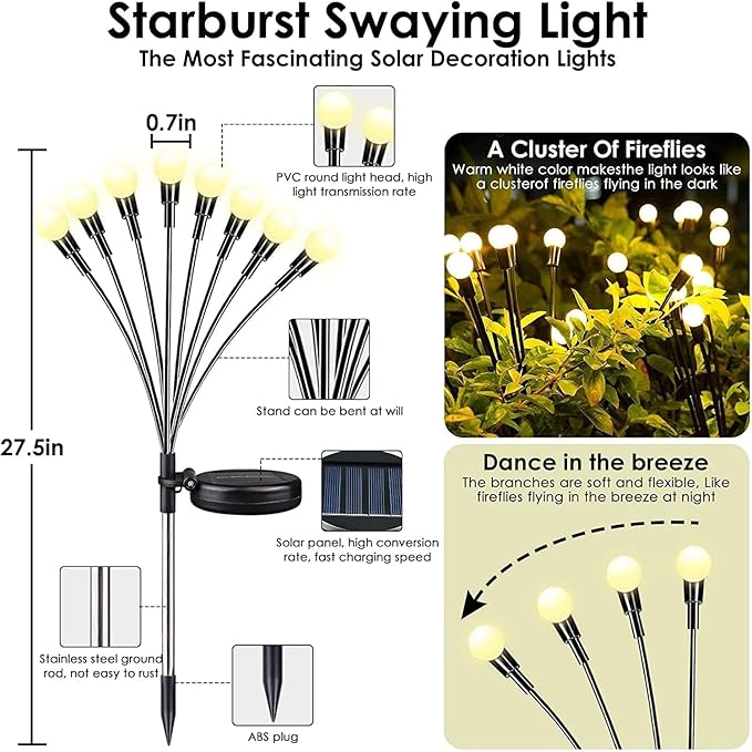 OZS Solar Garden Lights(6Pack Total 48LED) -Solar Lights Outdoor, Firefly Light for Outside, Sway by Wind, Fairy Light Outdoor Waterproof for Patio Pathway Garden Decor(Warm White)