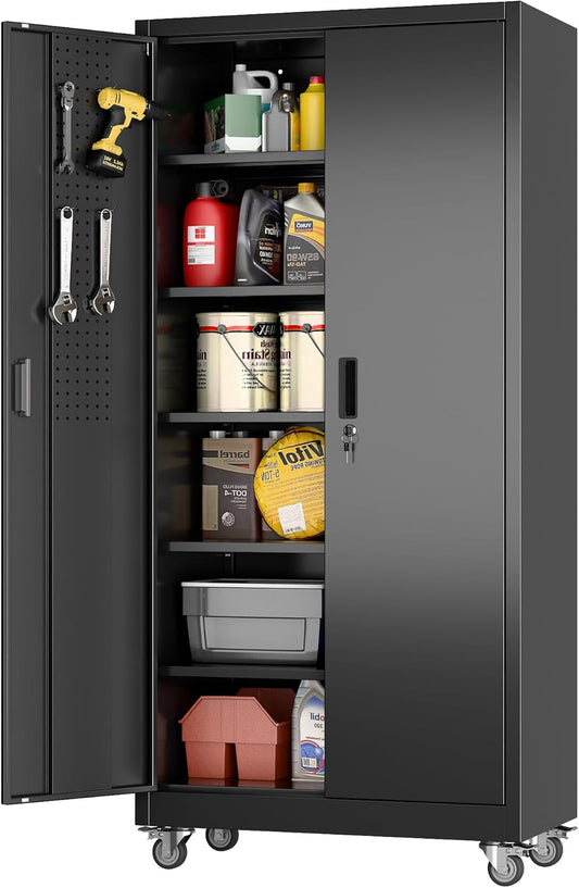 Aobabo 71" H×34" W×18" D Metal Storage Cabinet with Wheels, Locking Steel Storage Cabinet with 4 Hooks, 5 Shelves for Garage, Home Office, School, Assembly Required, Black