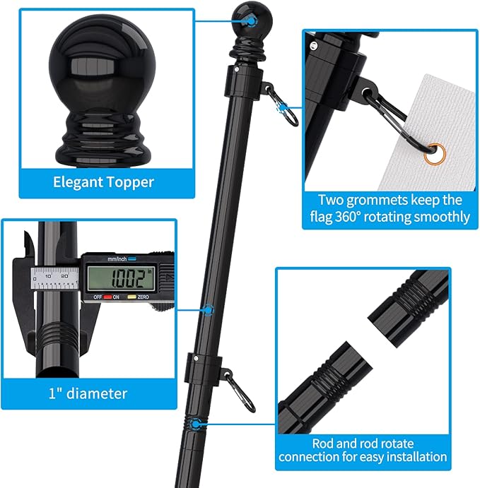 ZMTECH 5FT Flag Pole Kit with Solar Light and Proud American Flag, Adjustable Bracket and Upgraded Tangle-Free Ring 1" Stainless Steel Flagpole for Day and Night, Residential, Commercial, Black