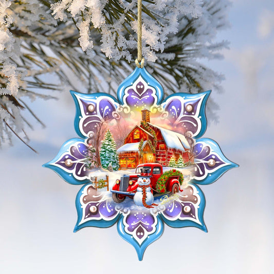 Christmas Red Barn Snowflake Wooden Ornaments by G. Debrekht - Christmas Decor - 8688429