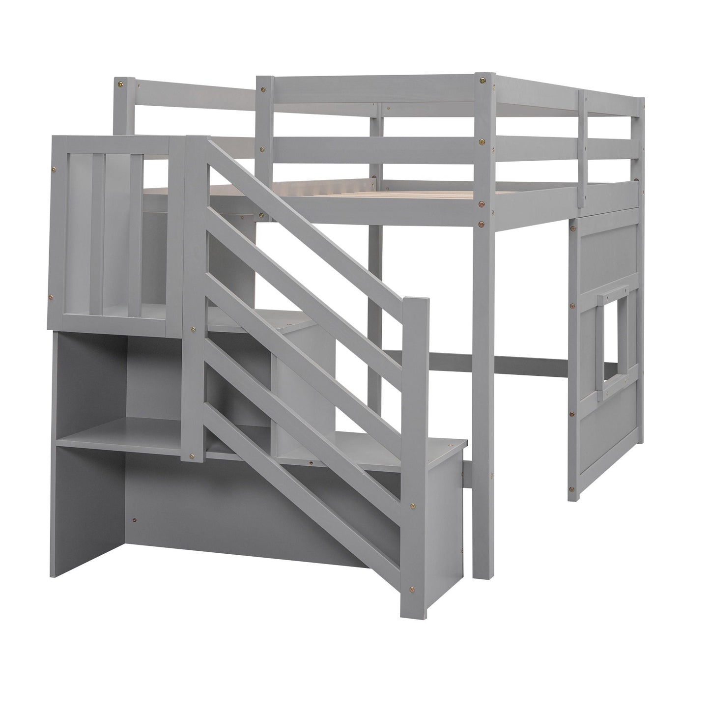 Loft Bed With Storage Staircase, Window & LED Light