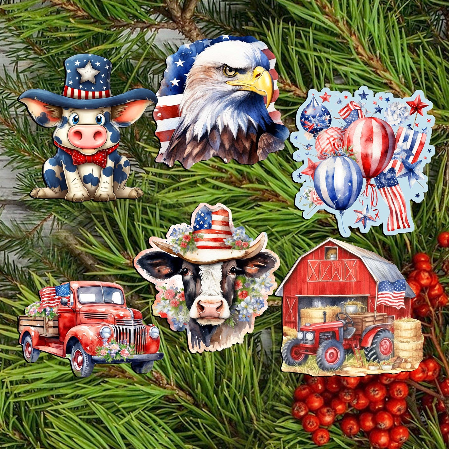 American flag Clip-On Eco Wood Decorative Ornaments Set of 6 by G. Debrekht - Patriotic Decor - 8090002C-S6