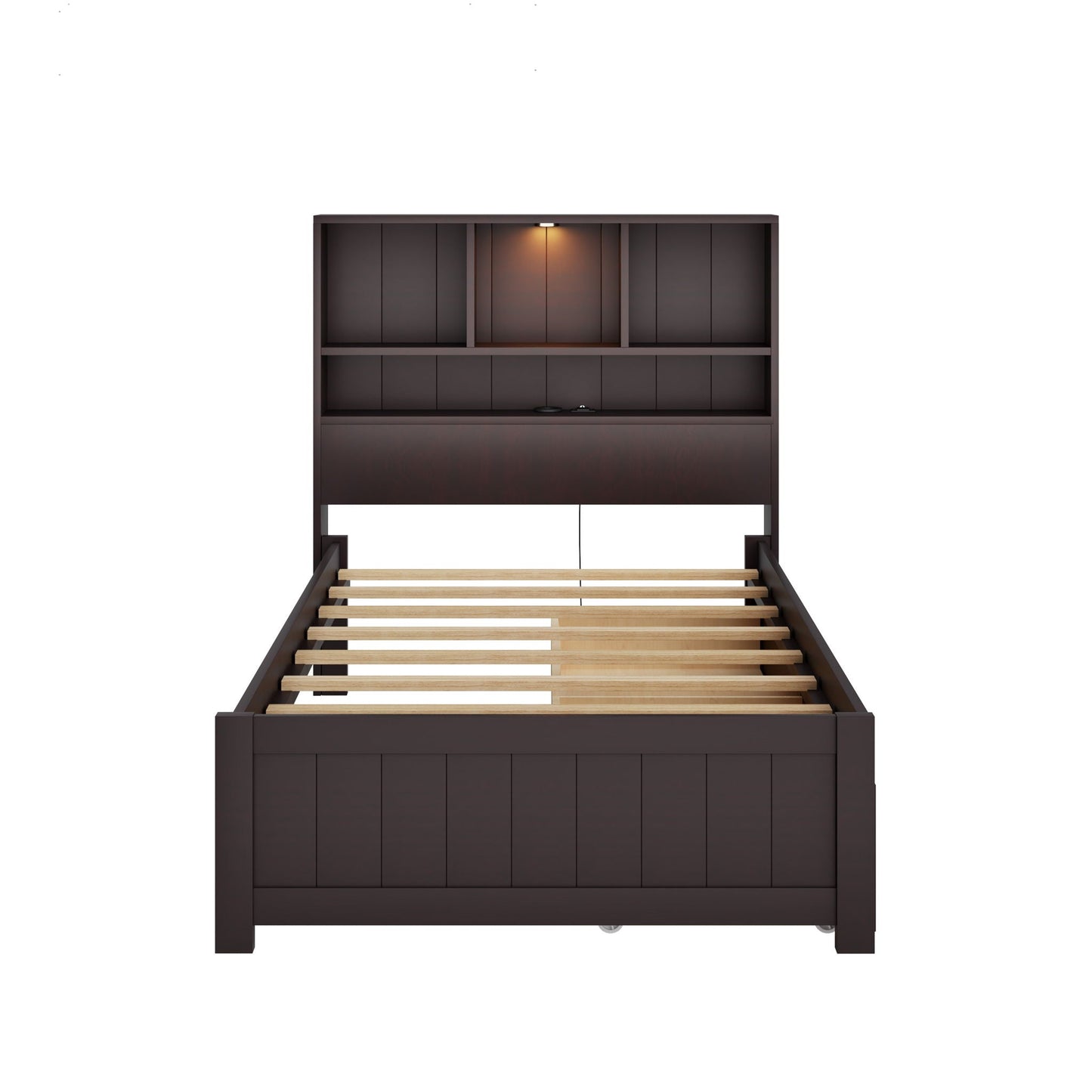 Platform Bed With Bookcase Headboard, Built-In Downlight, Charging Station, And 2 Side Drawers