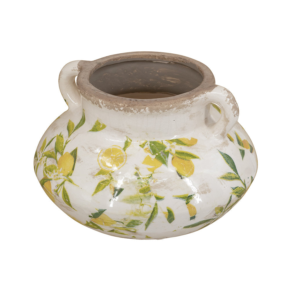 8.1x8.1x5.2" Ceramic Planter with Yellow Lemon and Green Leaf Motif