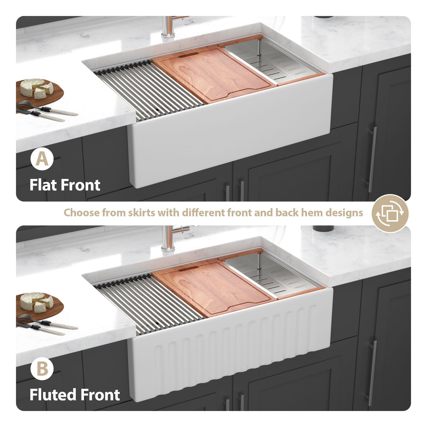 Farmhouse Sink Workstation 33" Ceramic Double Bowl Kitchen Sink With Ledges - White