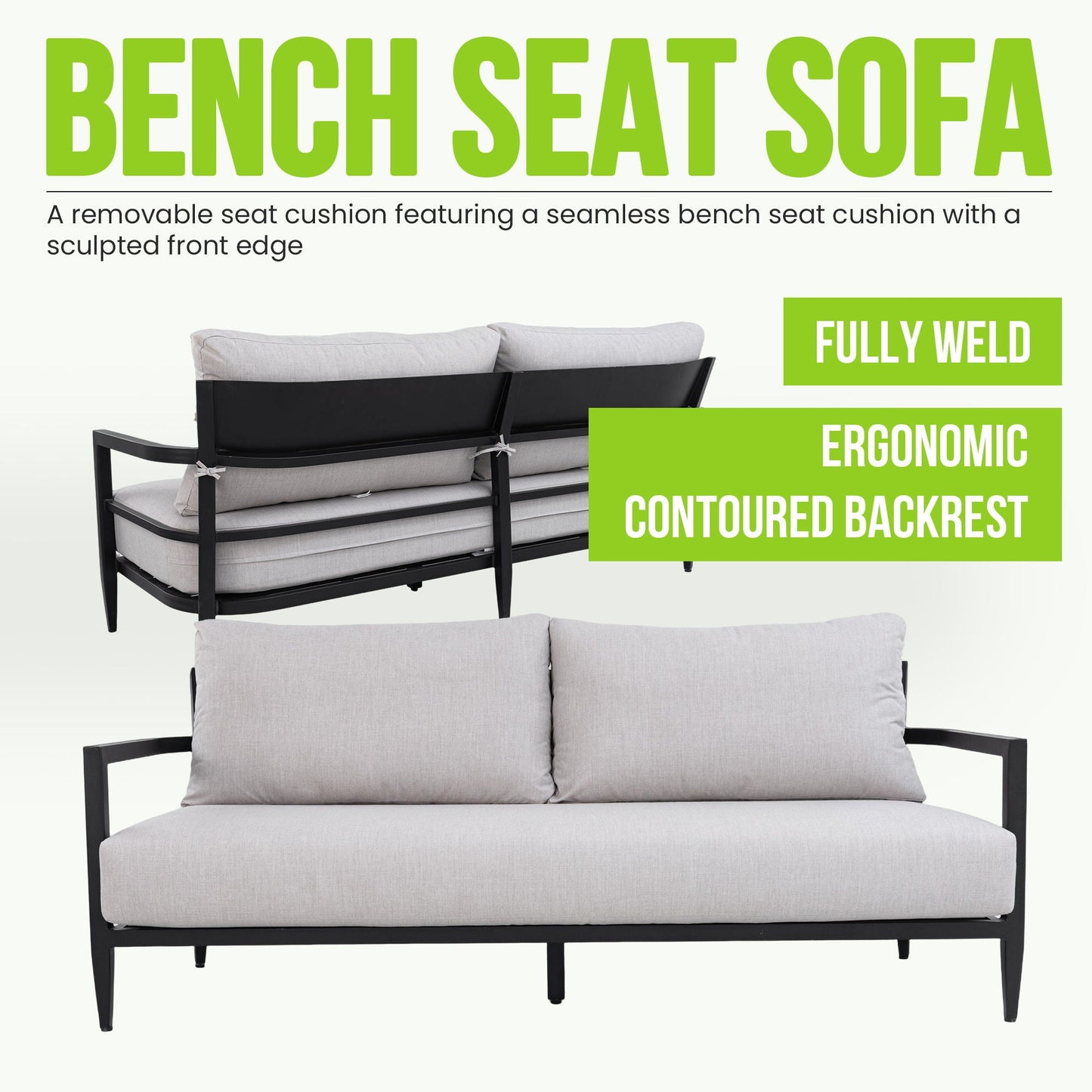 Outdoor Bench Seat Sofa, Sunbrella Cushion, Weather Resistant For Patio - Ember Black