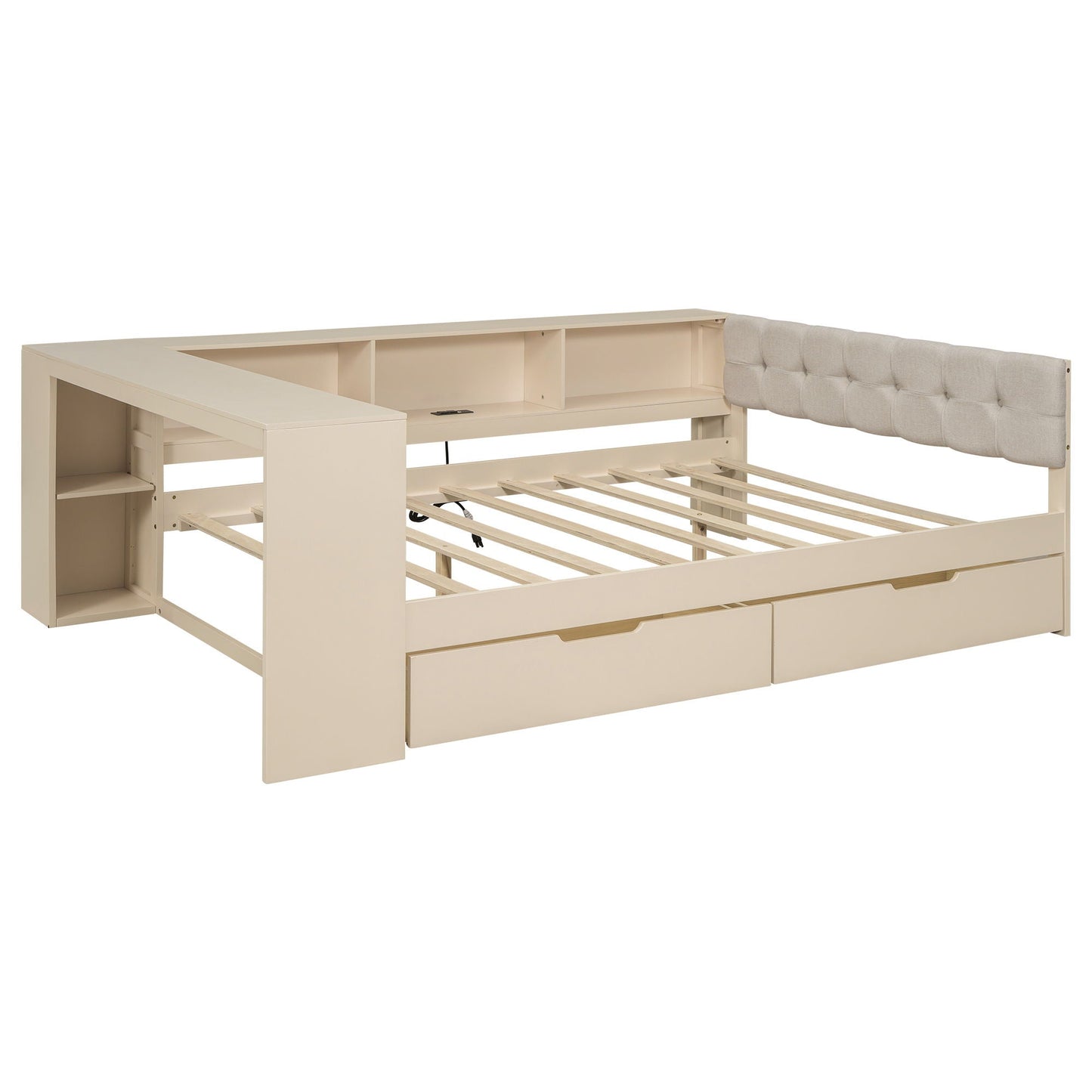 Upholstered Headboard Platform Bed With Storage Shelves, Drawers, Charging Station