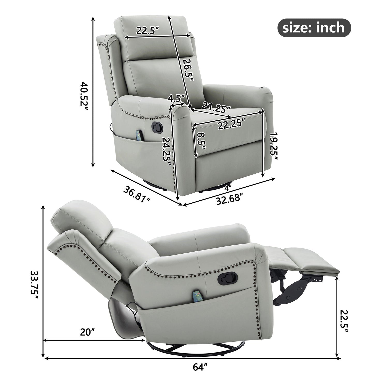 Manual Recliner Swivel Rocking Chair With 8-Point Massage and Heating