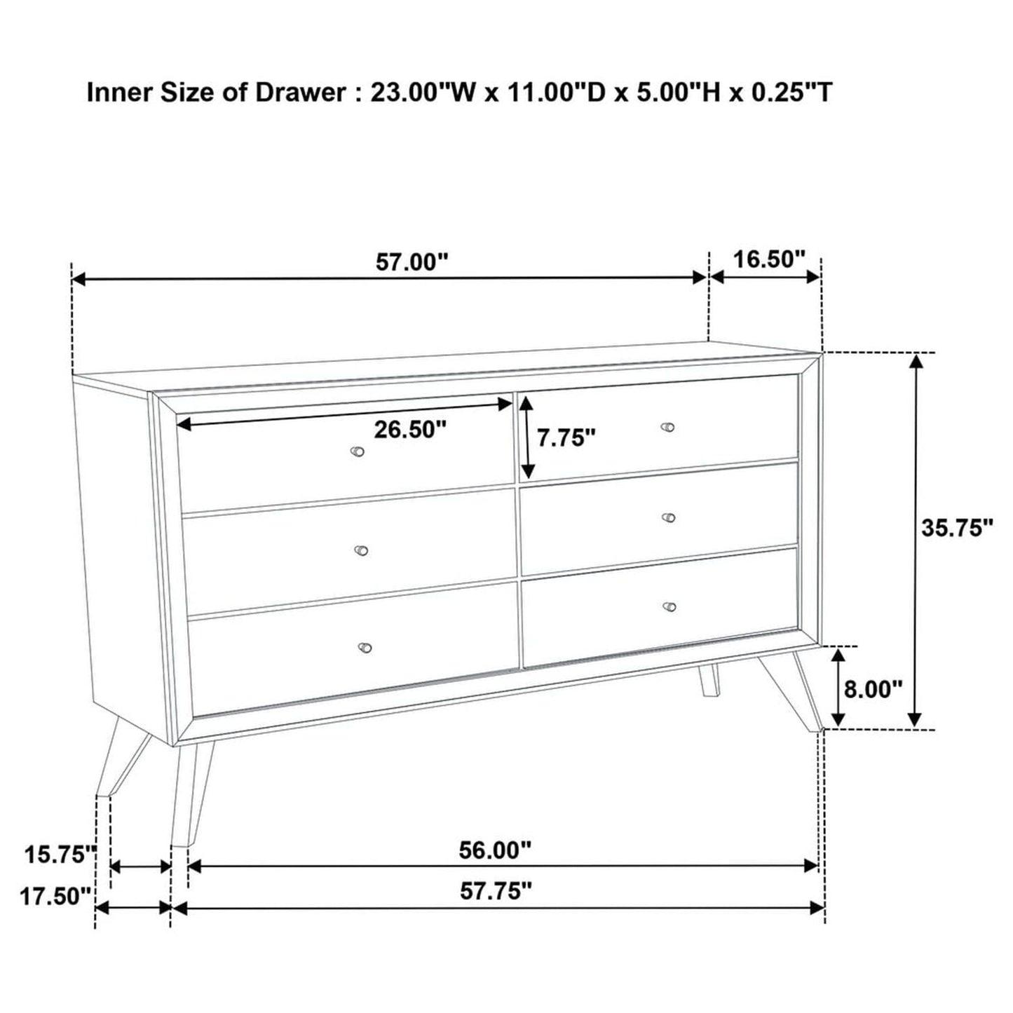 1 Piece Dresser With Angled Legs, Wave Texture And Round Knobs - White