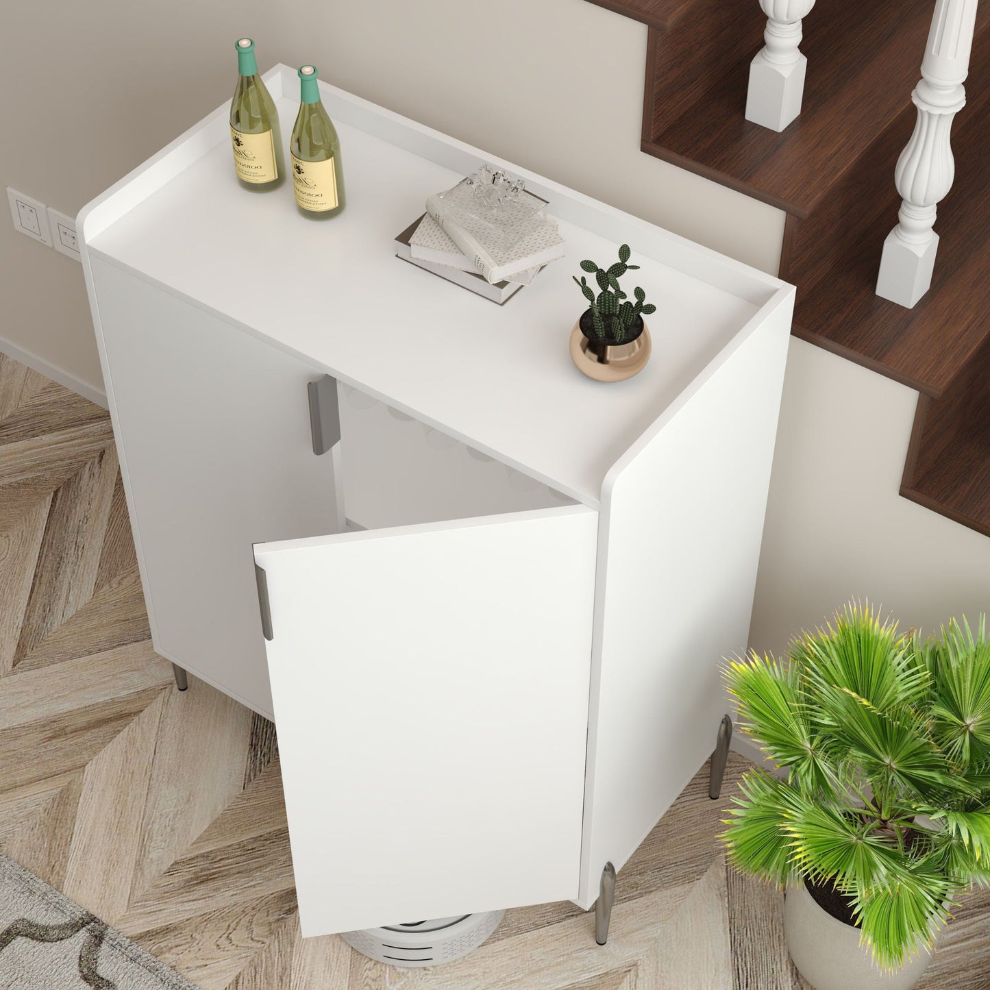 2 Door Wine Bar Cabinet With Adjustable Shelf, Soft-Closing Hinges, And High Feet - White