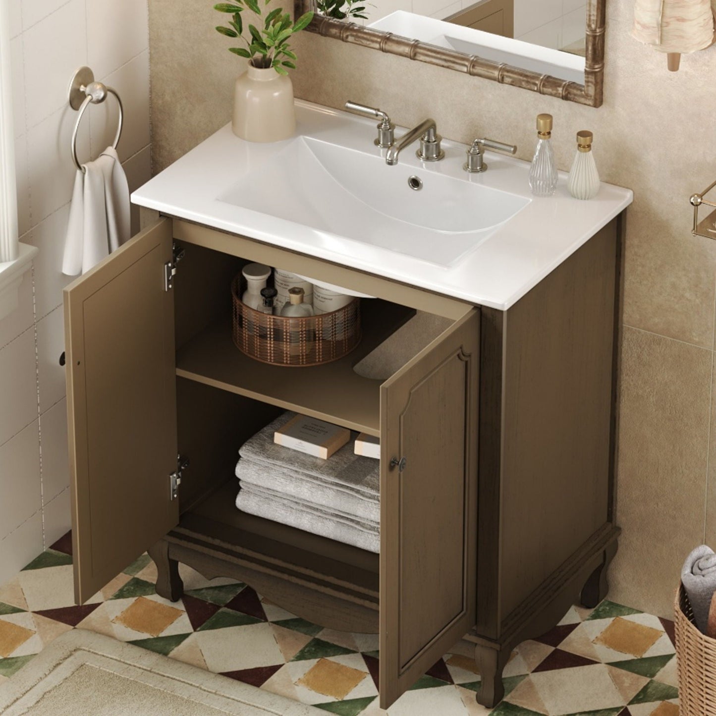 Vintage Bathroom Vanity With Ceramic Sink, Adjustable Shelves