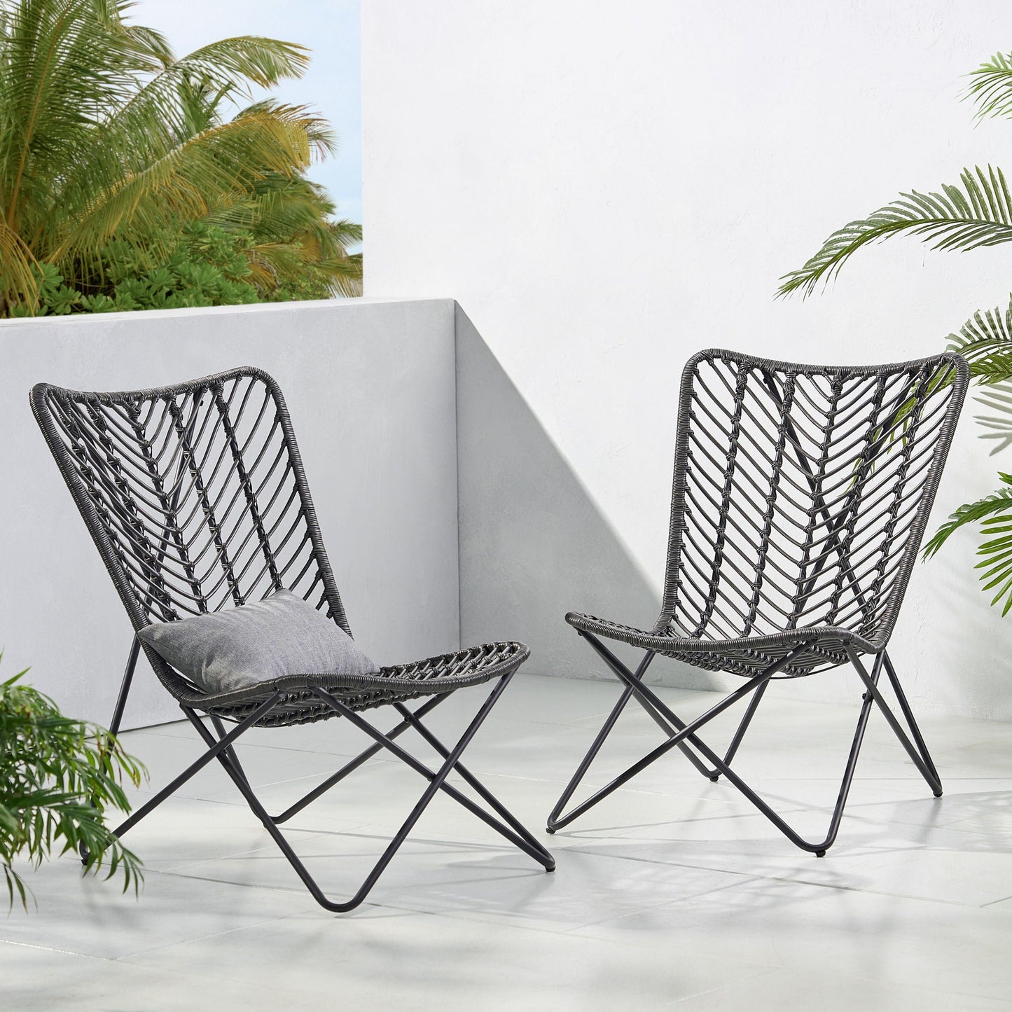 Outdoor Wicker Chair With Geometric Cross Base, Set of 2 - Gray