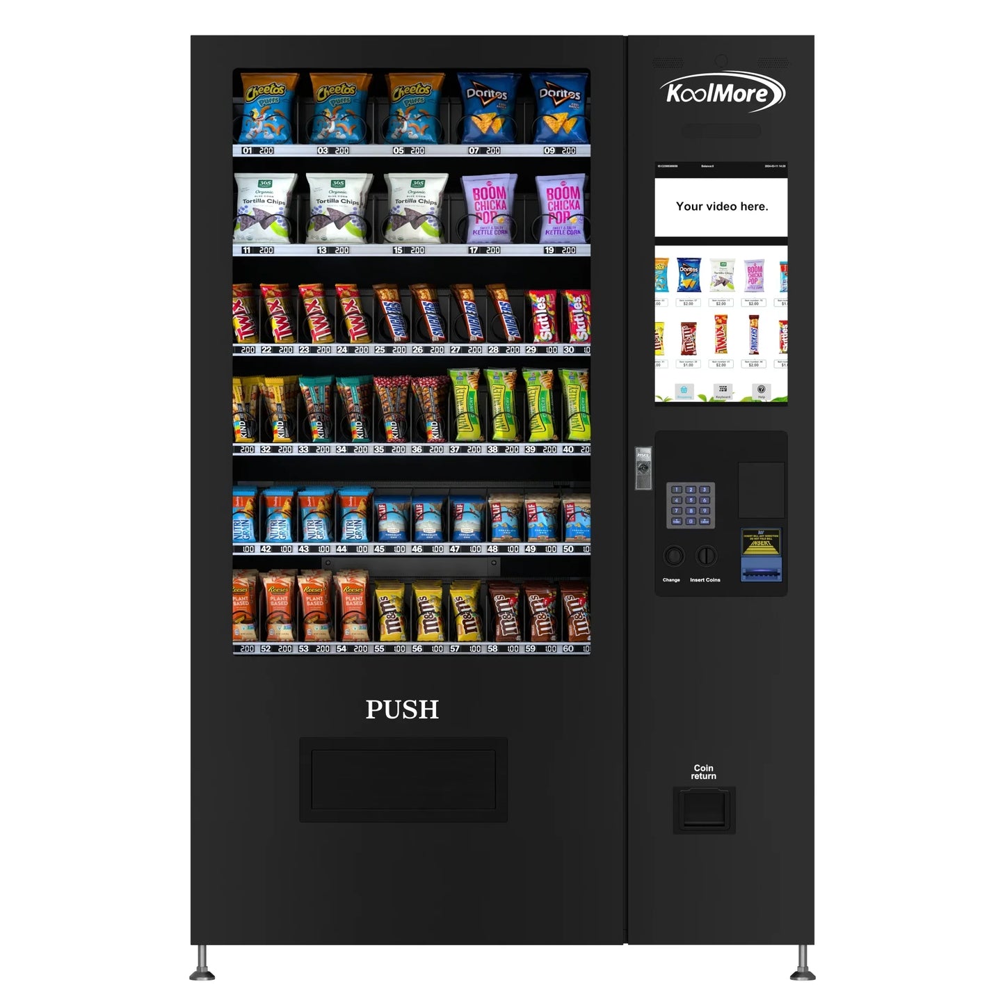 Kool More 50 in. 60-Slot Snack Vending Machine with 22-inch Touch Screen in Black, Non-Refrigerated.