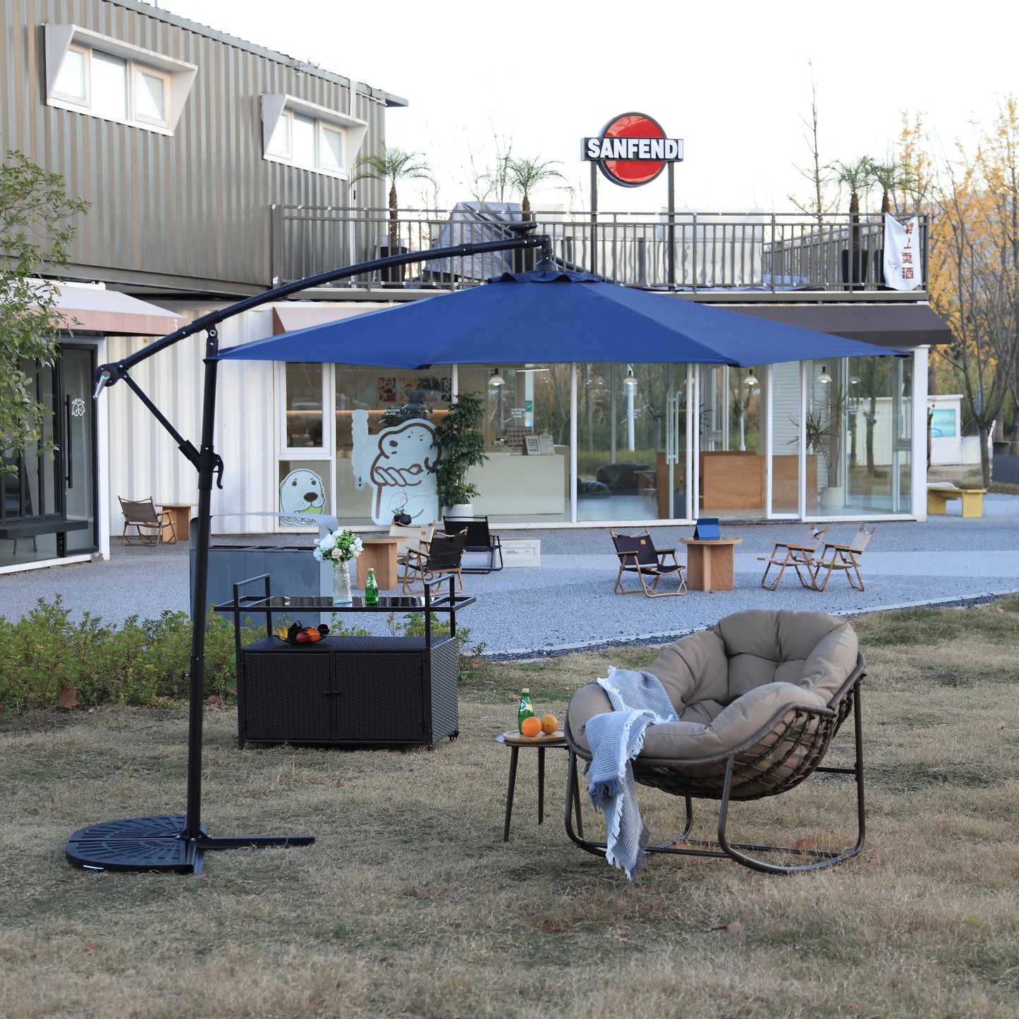 10ft Solar LED Offset Hanging Market Patio Umbrella - Navy Blue