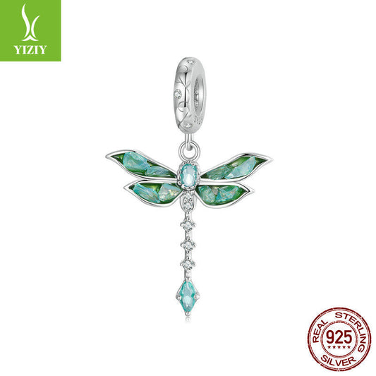 Silver Charm Original Retro Green Dragonfly DIY Pendant Accessories Charm Lucky s925 Pure Silver Insect Beads