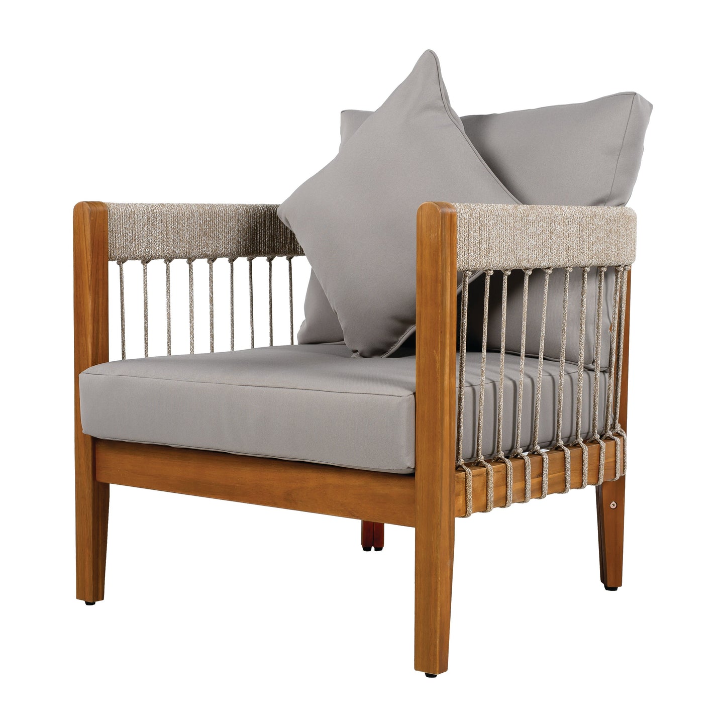 Acacia Wood Outdoor Club Chair with Handwoven Rope Accents & Curved Backrest