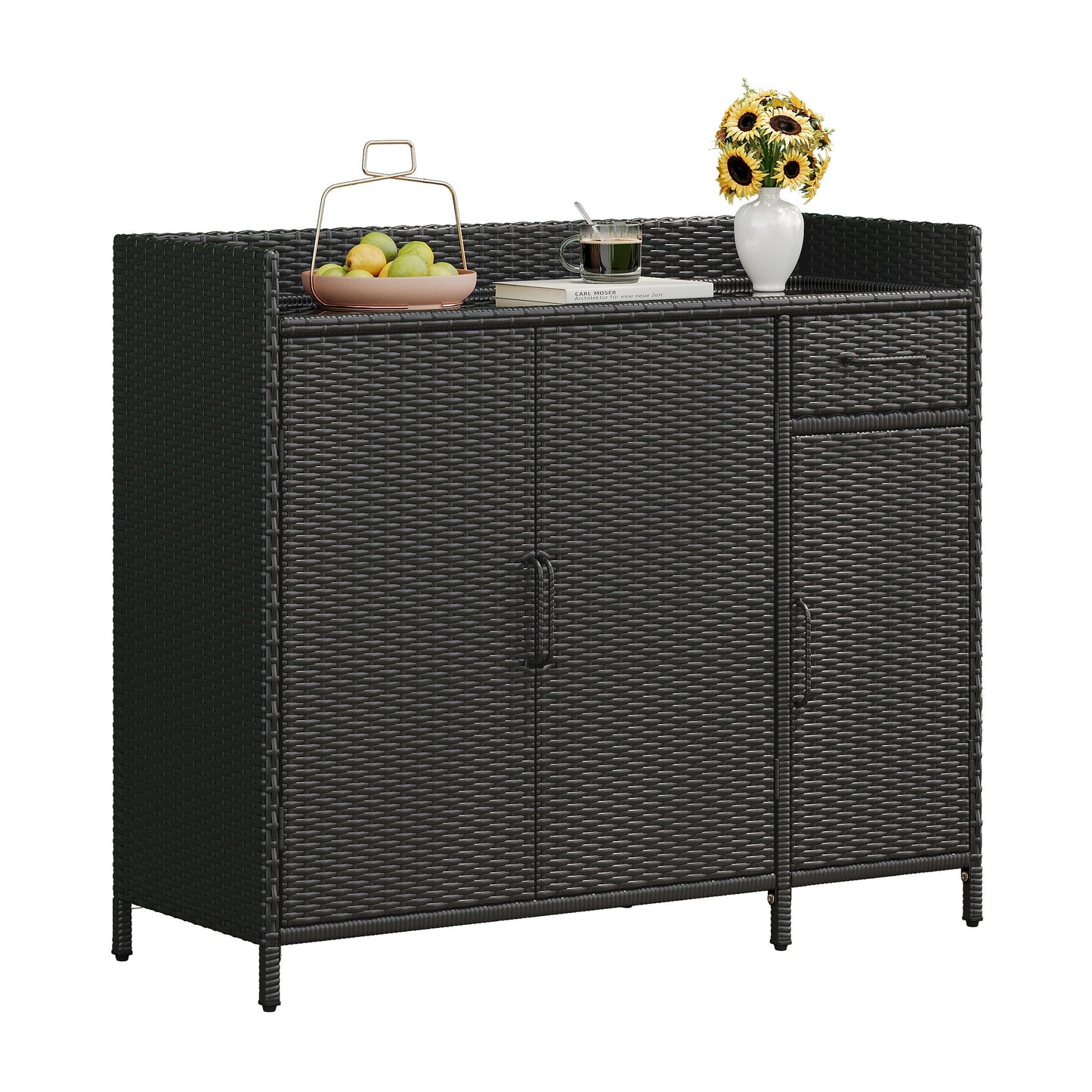 K&K 47.5"W Wicker Outdoor Storage Cabinet with Tempered Glass Top