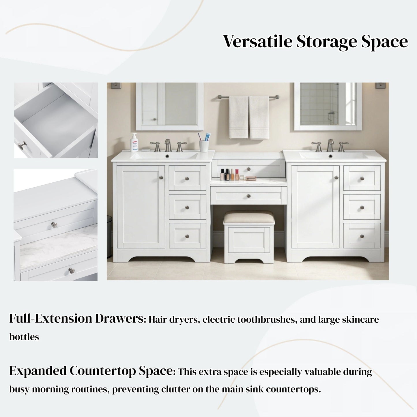 Double Sink Bathroom Vanity With Countertop, 2 Ceramic Sinks, 6 Drawers