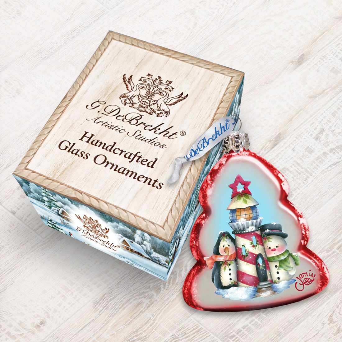 Lighthouse Penguin & Snowman Mercury Glass Ornament by Jamie Mills-Price - Christmas Santa Snowman Decor - 778203-7508
