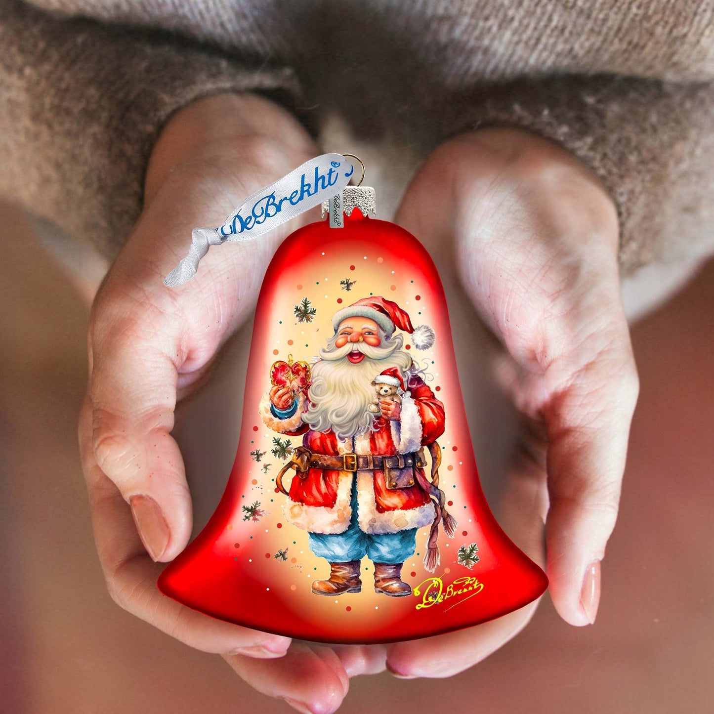 Santa Claus Spreading Christmas Happiness Bell Glass Ornament by G. Debrekht - Christmas Santa Snowman Decor - 752-042