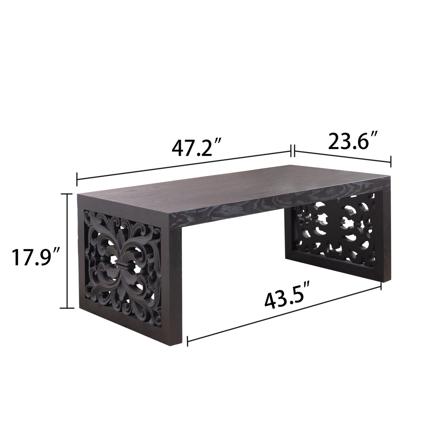 47.2" Solid Black Carved Wood Coffee Table – Handcrafted Look with Ornate Side Panels