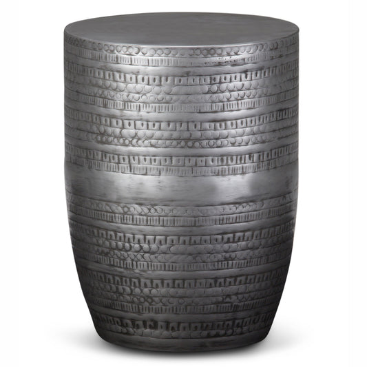 Johnsen 15 Inch Wide Tribal Pattern Metal Accent Table in Antique Silver