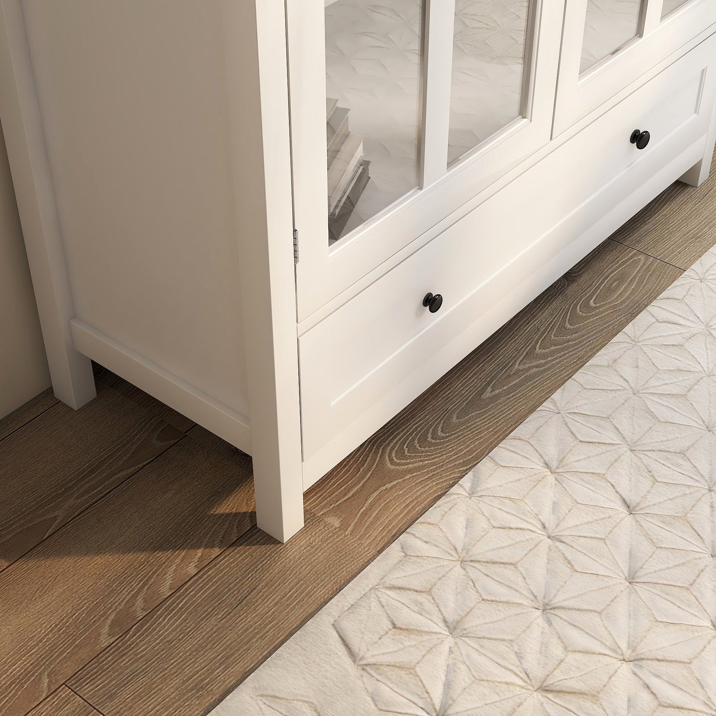 Buffet Storage Cabinet with Double Glass Doors and Unique Bell Handle