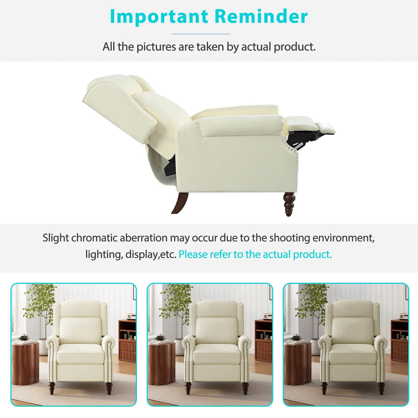 Push Back Recliner Chair Upholstered With Classic Wing Back And Solid Gourd-Shaped Legs
