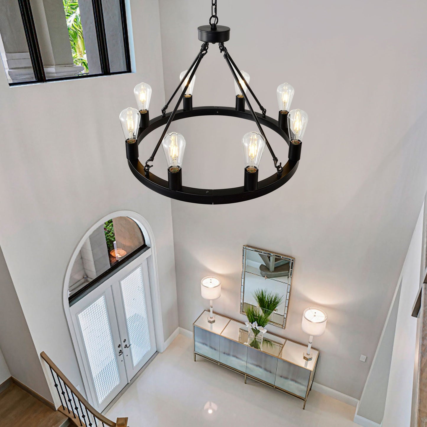 6 Light (No Bulbs) Wagon Wheel Chandelier Farmhouse Modern Small Round Chandelier For Living Room Kitchen Island Foyer Hallway Entryway Bedroom Dining Room Light Fixture Ceiling Hanging - Matte Black