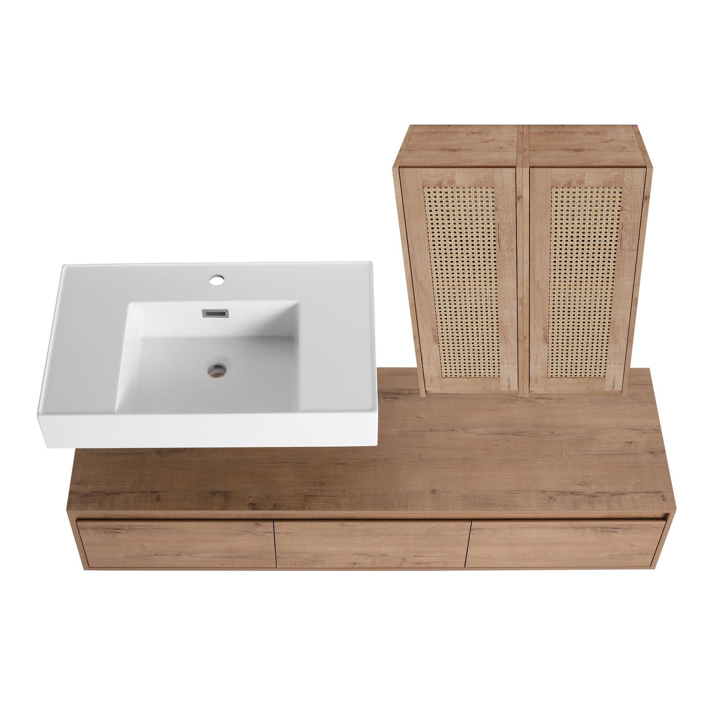 Modern Wall Mounted Bathroom Vanity With Resin Sink And 2 Side Cabinet, Imitative, Construction - Imitative Oak