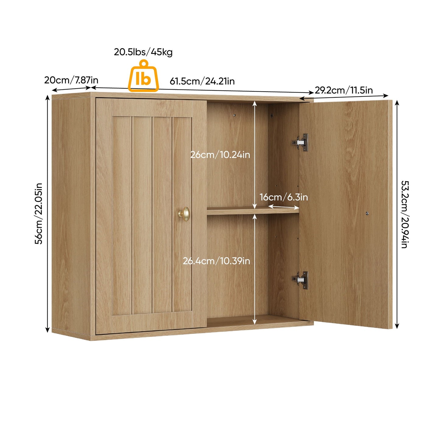 Wall Mounted Bathroom Cabinet With Double Doors And Vertical Grooved Design For Bathrooms - Oak