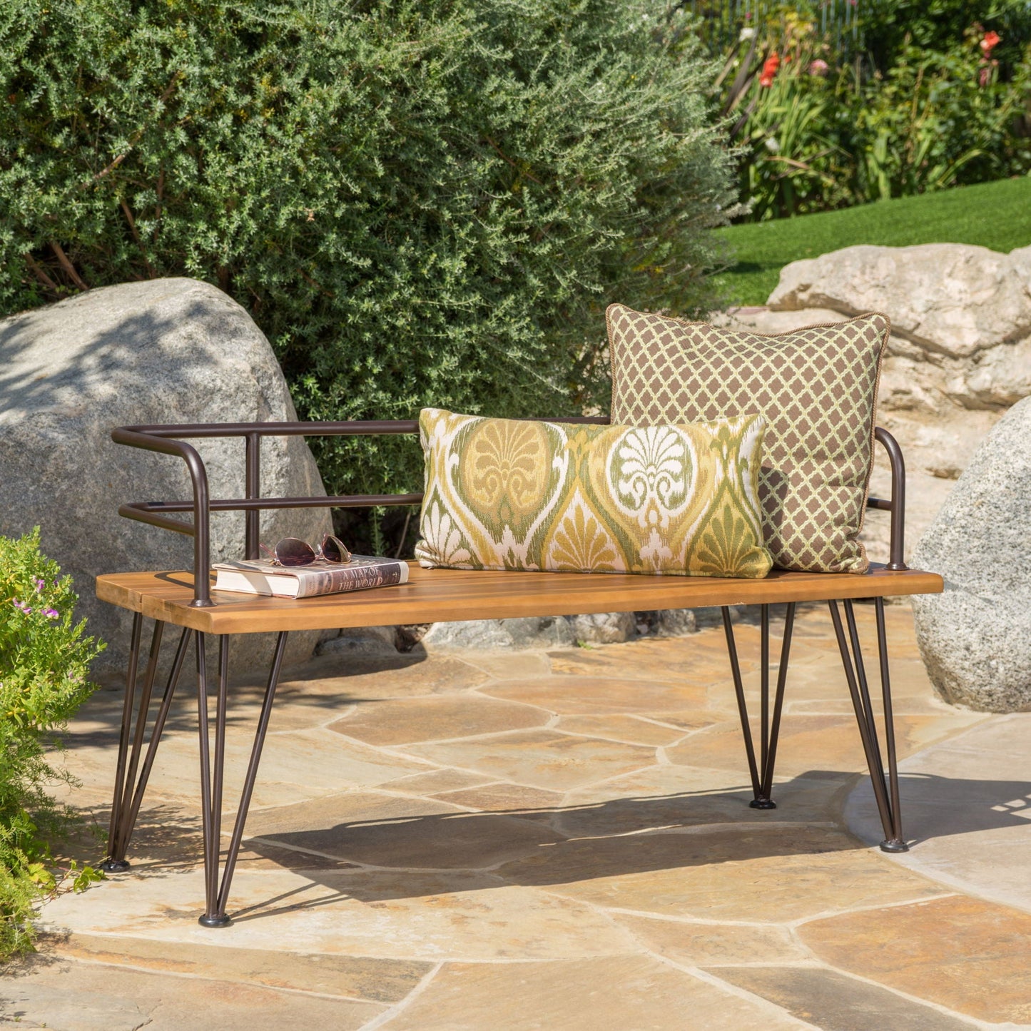 Outdoor Bench With Powder Coated Iron Frame - Teak