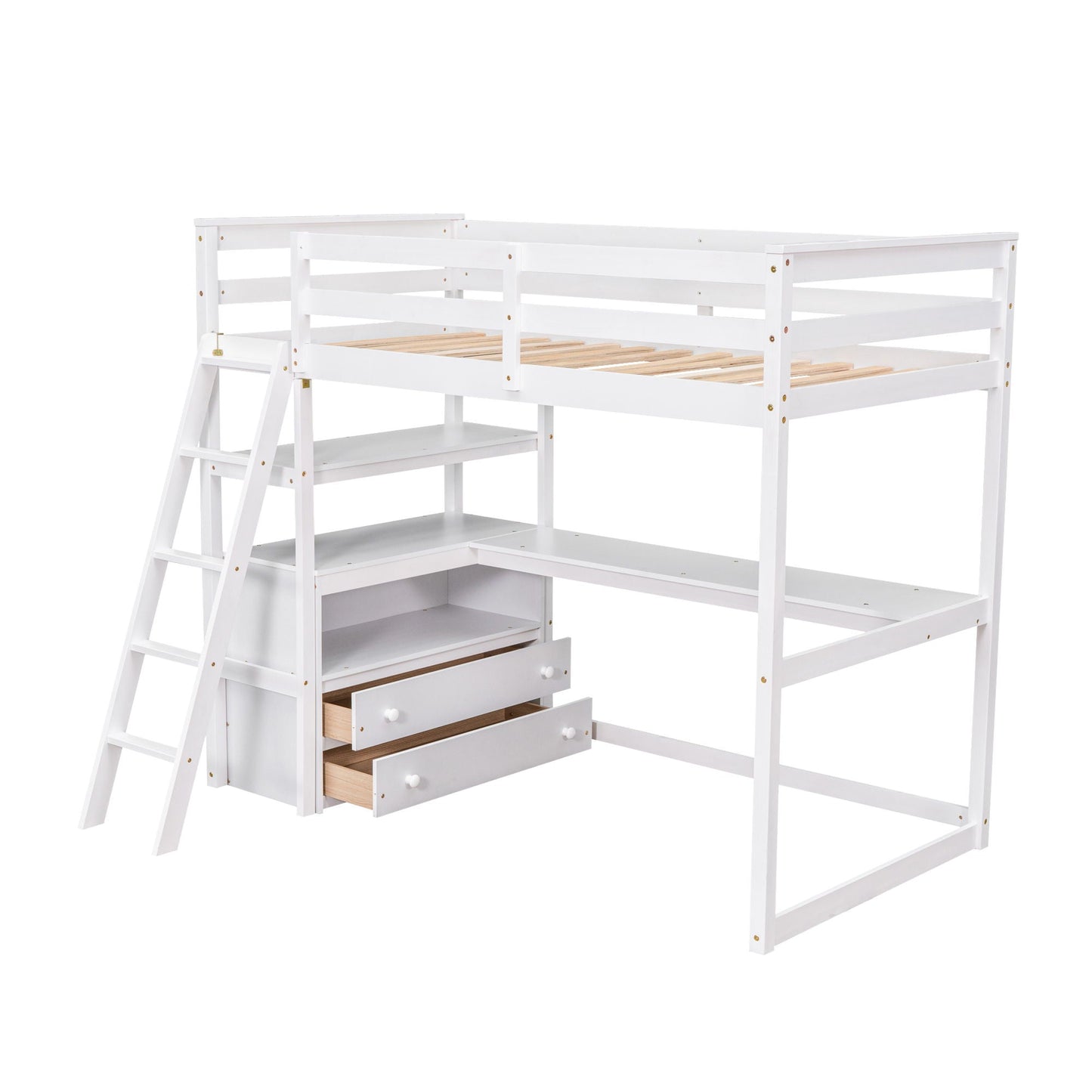 Modern Loft Bed With Built In Desk, Shelves, And 2 Drawers