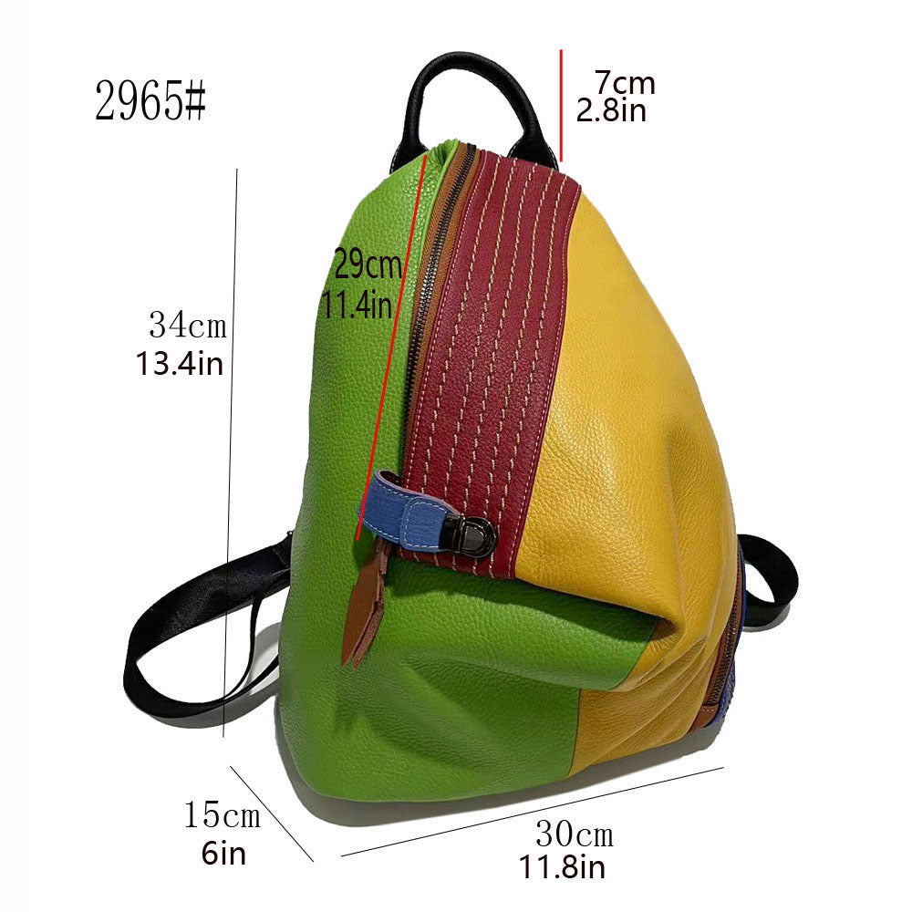 European And American Style Women's Leather Backpack Color Leather Stitching Lock Anti-theft Zipper Travel Bag