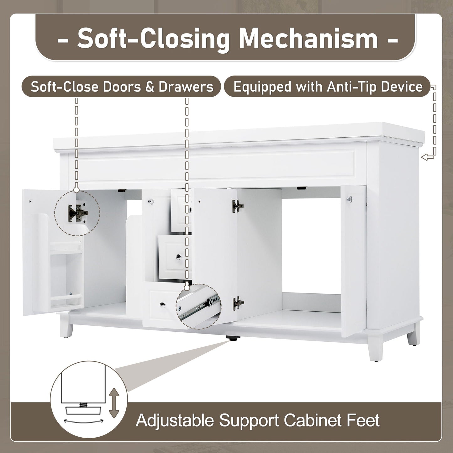 Bathroom Vanity With Double Sinks, 3 Drawers & 4 Doors - White
