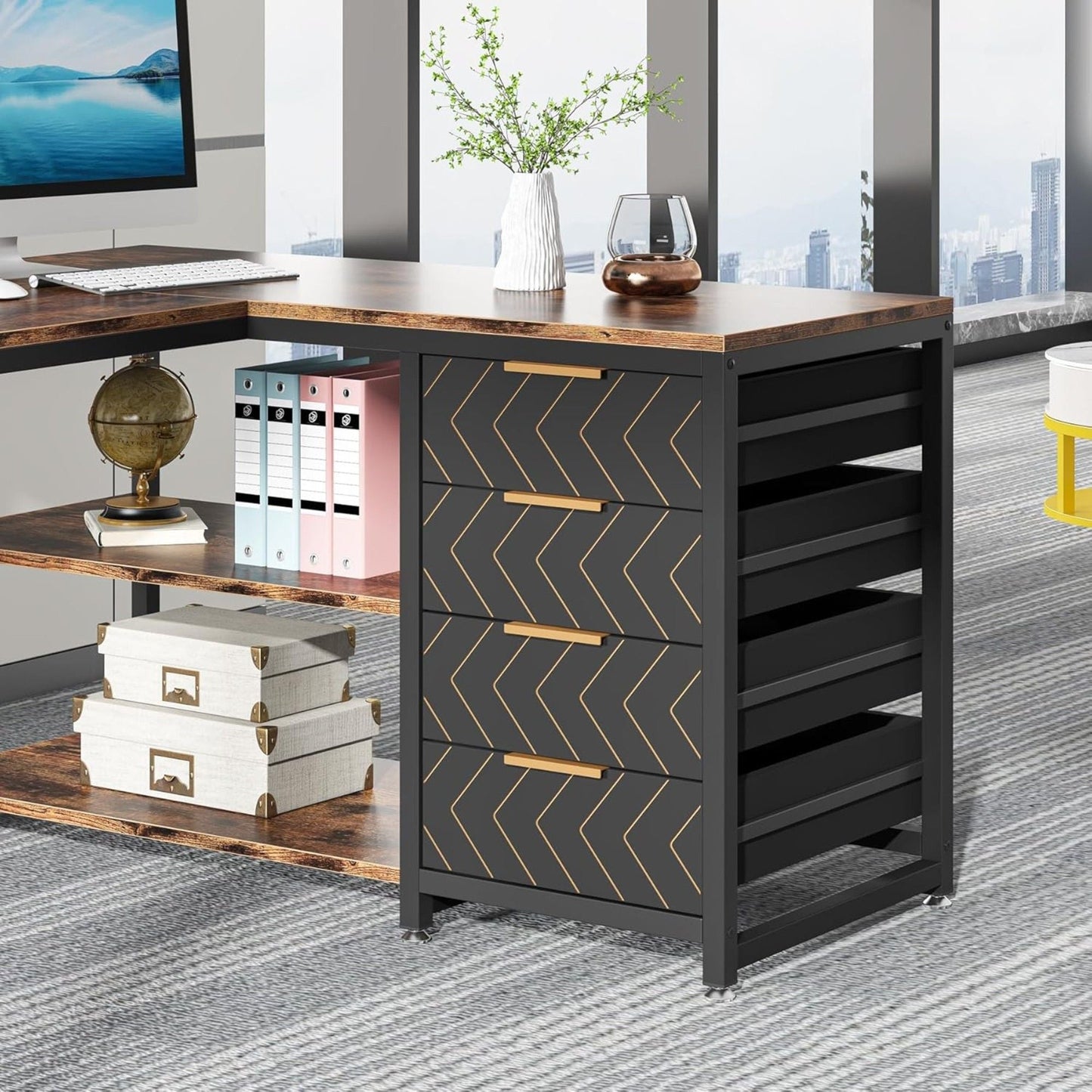 L-Shaped Computer Desk With Drawers And Shelves, Workstation For Home Office